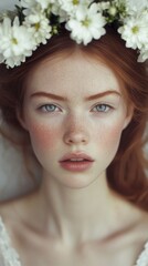 Young woman with red hair and flower crown, soft focus, natural beauty.