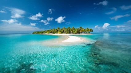 Fototapeta premium A tropical island with white sandy beaches, turquoise waters, and lush palm trees swaying in a gentle breeze, under a bright and sunny sky with a few scattered clouds