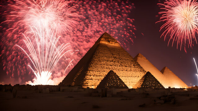 Fireworks bursting over the ancient pyramids of egypt at midnight on new years evening, Ai Generated