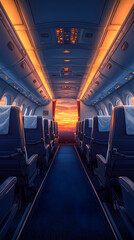 Fototapeta premium Airplane cabin, front view, blue seats with white turban pieces, dark blue carpet, bright and warm, flat illustration, flat colors. The overall tone of the picture is warm white.