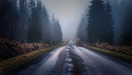 Long foggy mystery road in the dark woods