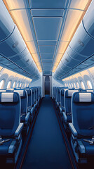 Fototapeta premium Airplane cabin, front view, blue seats with white turban pieces, dark blue carpet, bright and warm, flat illustration, flat colors. The overall tone of the picture is warm white.