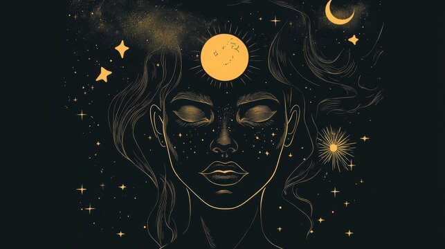 A mystical profile of a woman with celestial golden elements lik