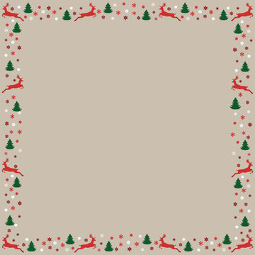 christmas card, frame, border, wreath from different snowflakes, deers, firs. vector template for greeting, invitation, poster, banner on winter, christmas theme en beige and red. with copy space