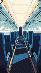 Fototapeta premium Airplane cabin, front view, blue seats with white turban pieces, dark blue carpet, bright and warm, flat illustration, flat colors. The overall tone of the picture is warm white.