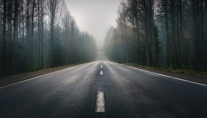 Naklejka premium Long foggy mystery road in the dark woods