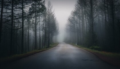 Long foggy mystery road in the dark woods