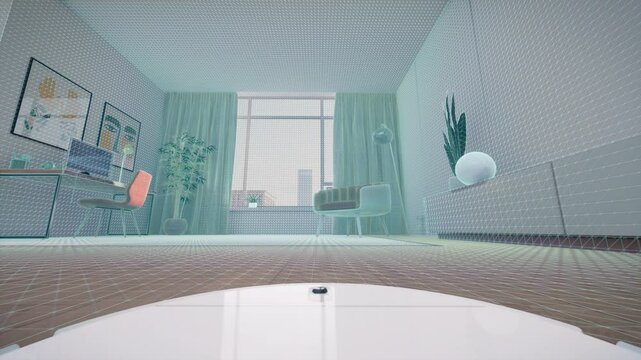 POV Device Visible: 3D Interior Design Process as an Autonomous Vacuum Scans and Cleans a Modern Apartment. Innovative AI Software Scanning, Mapping Rooms and Cleaning all the Dirt at Home