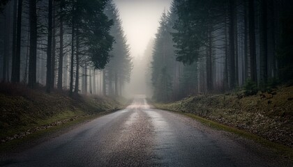 Obraz premium Long foggy mystery road in the dark woods