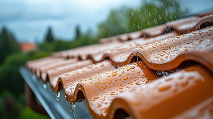 Raindrops cascade from a terracotta roof as clouds gather above, capturing a tranquil moment of rainwater glistening on tiles in a suburban neighborhood during a late afternoon