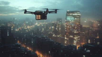 Drone flying over a city, carrying a small package.