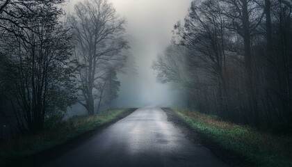 Long foggy mystery road in the dark woods