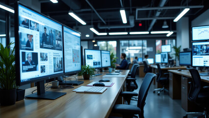 Large office workspace with desks featuring multiple monitors displaying stock market data and news. Workers are engaged in their work, creating a dynamic yet focused environment.
