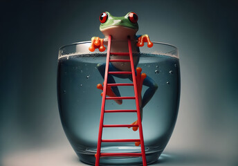 Ein Frosch klettert auf einer Leiter aus einem Glas, Wettervorhersage, copy space, Wetterfrosch