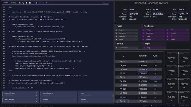 Complex Software Interface With Code, Tables, And Data Visualizations. It Includes SQL Queries, Data Tables With Articles And Quantities, And A Flowchart For User Segmentation And System Tasks.