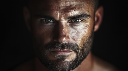 Fototapeta premium Close-up portrait of a strong, rugged man with intense eyes and a beard, showcasing emotional depth and resilience against a dark background