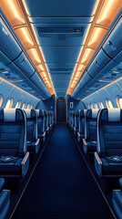 Fototapeta premium Airplane cabin, front view, blue seats with white turban pieces, dark blue carpet, bright and warm, flat illustration, flat colors. The overall tone of the picture is warm white.