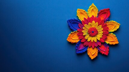 Fototapeta premium A colorful rangoli pattern on a dark blue background with copy space