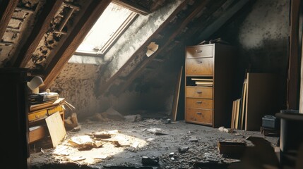 Obraz premium Dusty attic corner with scattered debris