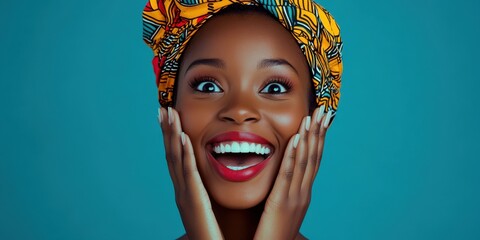 A joyful woman with a vibrant headwrap smiles widely against a blue background, expressing excitement and happiness in her pose during a bright, sunny day