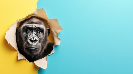 A gorilla peeking through a torn wall in vibrant yellow and blue, capturing a moment of curiosity and engagement, showcasing wildlife interaction in an imaginative setting