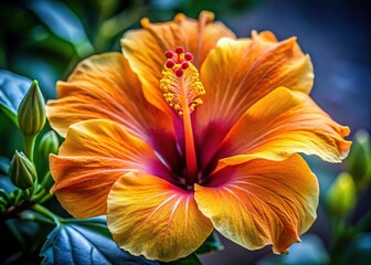 Fiery yellow-orange hibiscus, a close-up floral masterpiece.