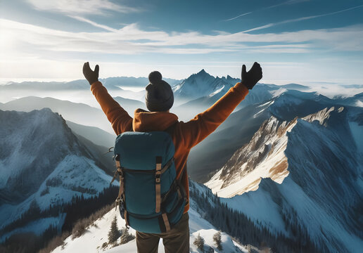 Bergsteiger auf dem Gipfel eines Berges mit erhobenen Armen im Sonnenlicht und Aussicht &uuml;ber die Berge, blauer Himmel, copy space