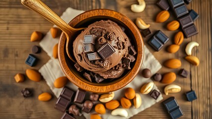 A Wooden Bowl Filled with Rich Chocolate Ice Cream Topped with Chopped Chocolate Pieces and Surrounded by Cashews and Almonds on a Rustic Wooden Surface