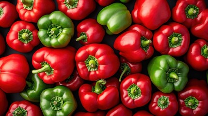 Vibrant assortment of fresh red and green bell peppers arranged together on a dark surface, highlighting their glossy skins and natural shapes, perfect for a healthy meal preparation