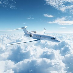 Obraz premium Elegant aircraft soars into a clear blue sky above fluffy white clouds during daytime