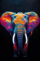 Obraz premium A vibrant, colorful elephant stands majestically against a dark background in an artistic representation that celebrates wildlife and creativity