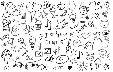 Big set of hand drawn doodle elements.  Crowns, rainbow, hearts, stars, flowers, sparkles, arrows, lightnings, smiley, signs, funny design elements іsolated on white background. I love you lettering. 
