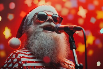 Cool Santa with sunglasses singing into a microphone, wearing a red and white horizontal striped shirt, He has a long beard and wears a Santa hat