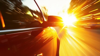 Car in motion with a beautiful sunset in the background, blurred effect.