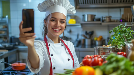 smiling chef in a professional kitchen taking a selfie with her phone, surrounded by fresh vegetables, showcasing her culinary environment and enthusiasm.