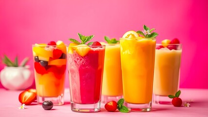 A Refreshing Collection of Fruit Smoothies in Tall Glasses with Garnishes on a Pink Background