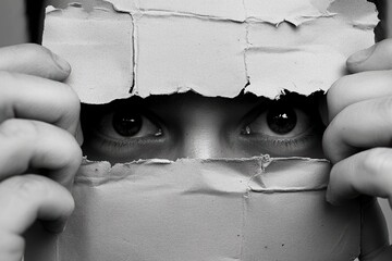 Eyes peering through torn paper, conveying mystery and emotion.