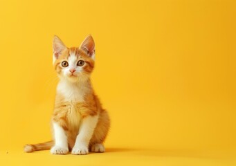 Cute orange kitten sitting on a bright yellow background, looking curiously at the viewer Its soft fur and expressive eyes create an adorable and playful atmosphere