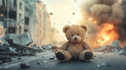 A Teddy Bear Sitting in the War Zone Ruins