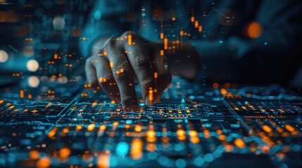 Office man finger touch hud, virtual screen with stock market changes, business candlesticks graph chart. Double exposure of blue and white lines, growing numbers, online trading