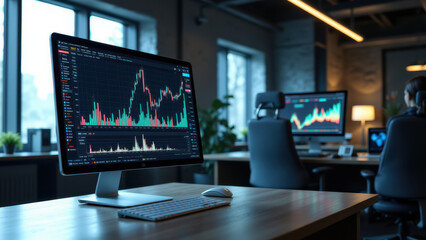 Naklejka premium A modern office workspace with a large monitor displaying financial charts and graphs.