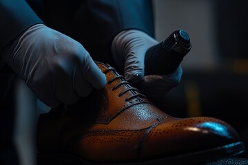 Fototapeta premium A man carefully polishing a brown leather dress shoe in a dimly lit space, highlighting craftsmanship and attention to detail. Generative AI