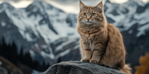 Obraz premium majestic looking cat on a rock, facing camera, mountain scene, nature