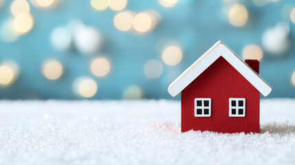 Fototapeta premium A small red house figurine sits on a snowy surface, surrounded by soft blue bokeh lights, creating a cozy, festive atmosphere.