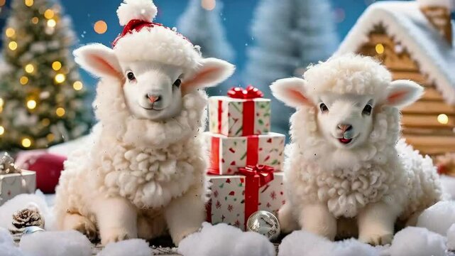 Couple of Cute White Lambs in Christmas Interior