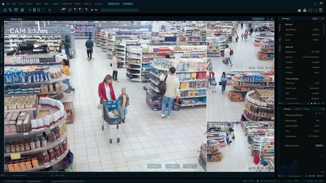 Advanced Cctv System Monitors Grocery Store Activity. Multiple Camera Angles Track Shoppers' Movements, Analyzing Traffic Patterns and Consumer Behavior in Real-time for Security and Retail Insights.