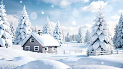 Cozy winter house surrounded by snow-covered trees and a serene snowy landscape