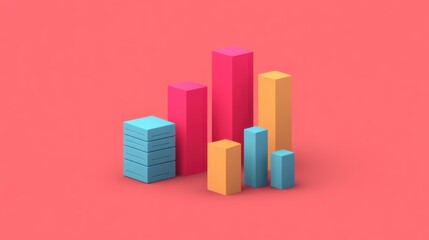 Colorful bar graphs representing data on a coral background, illustrating growth and statistics in a modern design style.