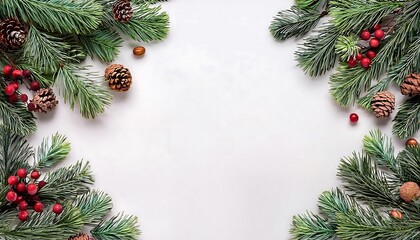 White background with green garlands decorated with red berries and pine nuts placed in the upper and lower corners of the frame.