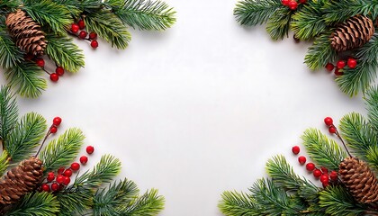 White background with green garlands decorated with red berries and pine nuts placed in the upper and lower corners of the frame.